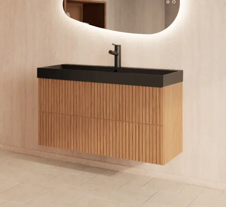 Superprijs Gliss Design Hybris badmeubel met ribbelfront 100cm pure met zwarte wastafel zonder kraangat Lako