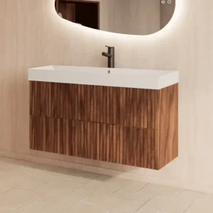 Actieprijs Gliss Design Hybris badmeubel met ribbelfront 90cm walnut met mat witte wastafel met 1 kraangat Lako
