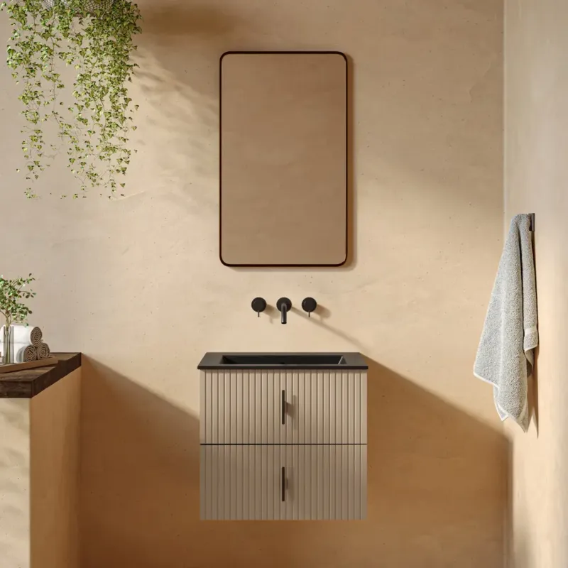 Alleen Vandaag Muebles Marbella badmeubel ribbelfront 60cm macchiato met zwarte wastafel zonder kraangat
