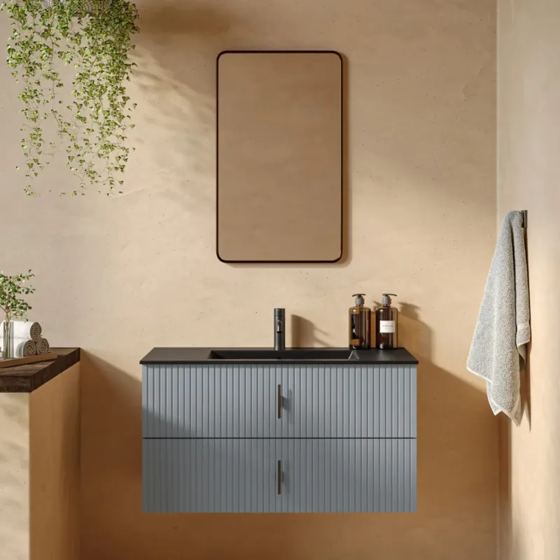 Koop Online Muebles Marbella badmeubel ribbelfront 100cm baby blauw met zwarte wastafel met kraangat