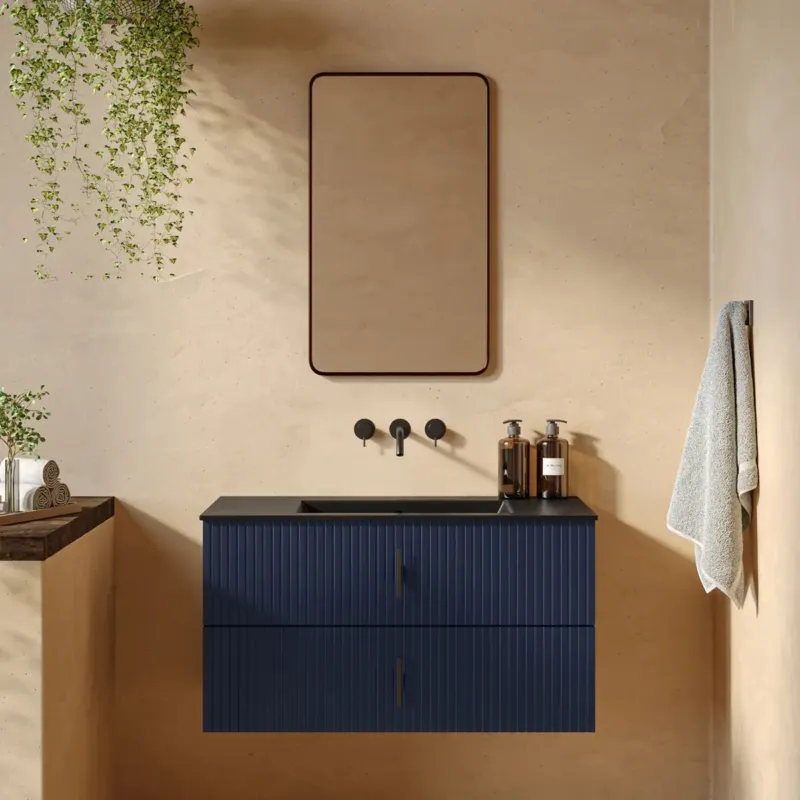 Meest Verkocht Muebles Marbella badmeubel ribbelfront 100cm marine blauw met zwarte wastafel zonder kraangat