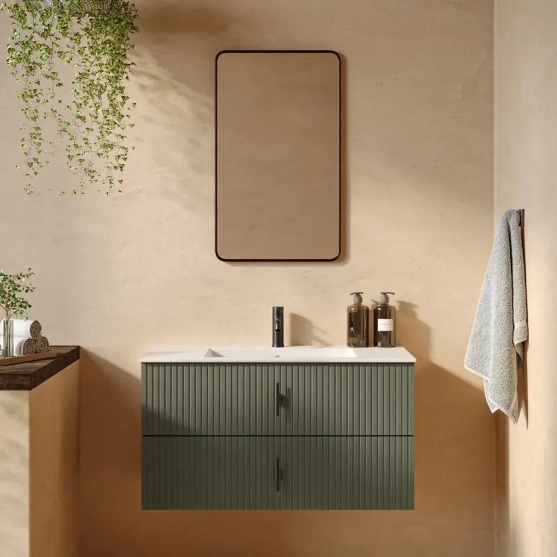 Op = Op Muebles Marbella badmeubel ribbelfront 100cm legergroen met witte wastafel met kraangat