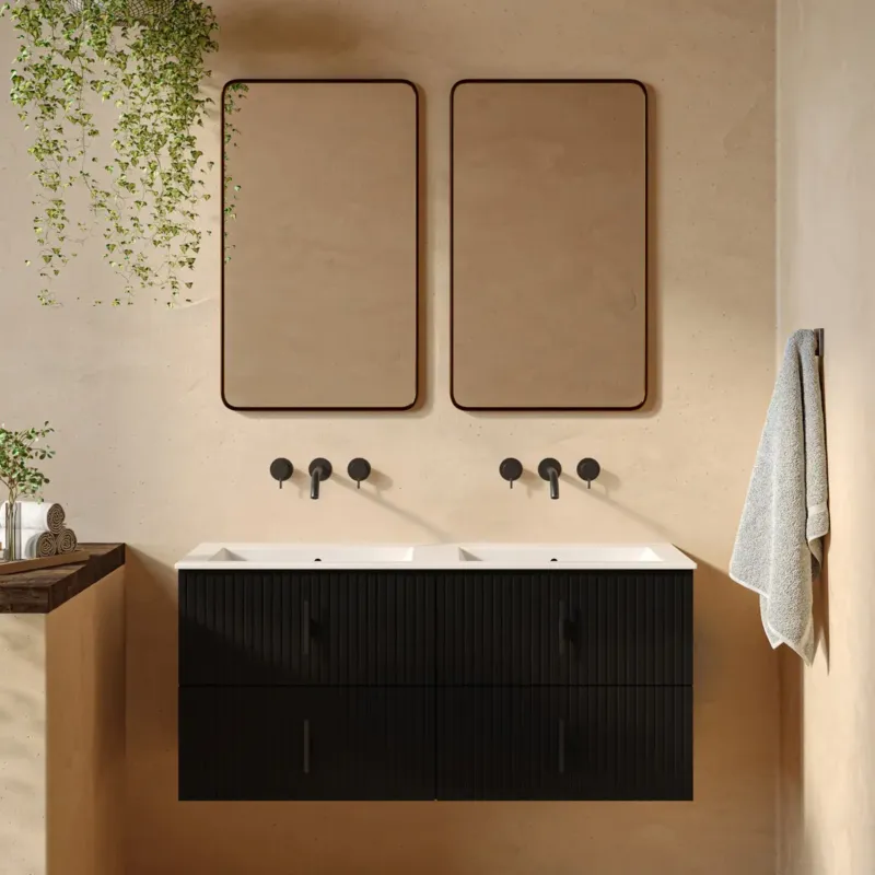 Hoge Kwaliteit Muebles Marbella badmeubel ribbelfront 120cm zwart mat met witte wastafel zonder kraangat