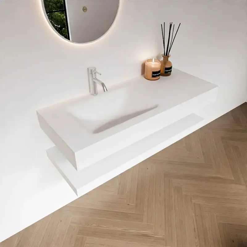 Zaro Alan badmeubel 110cm met planchet talc en vrijhangende wastafel cloud links 1 kraangat talc Direct Beschikbaar