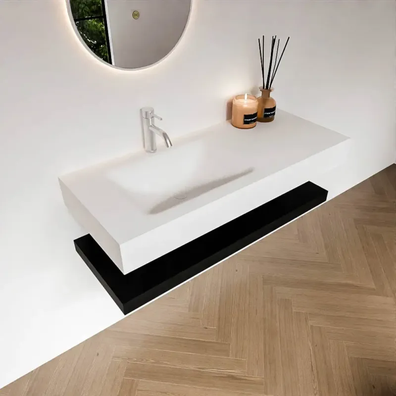 Aanbieding Zaro Alan badmeubel 110cm met planchet urban en vrijhangende wastafel cloud links 1 kraangat talc