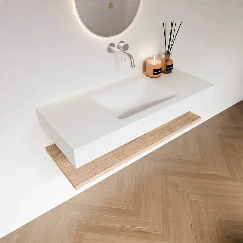 Zaro Alan badmeubel 110cm met planchet washed oak en vrijhangende wastafel cloud midden zonder kraangat talc Finale Uitverkoop