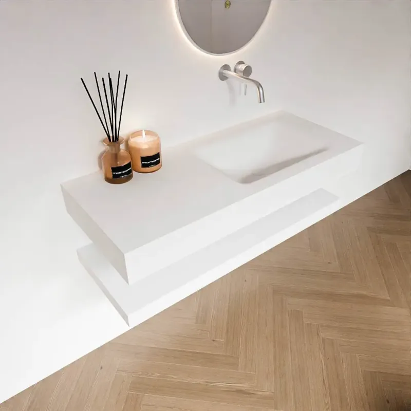 Zaro Alan badmeubel 110cm met planchet talc en vrijhangende wastafel cloud rechts zonder kraangat talc Dagaanbieding