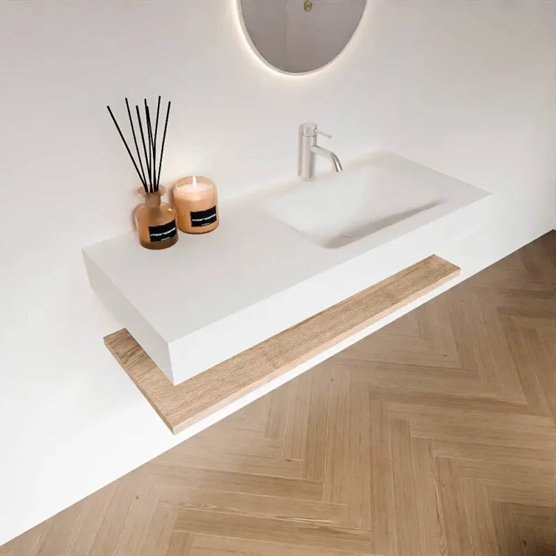 Beste Prijs Zaro Alan badmeubel 110cm met planchet washed oak en vrijhangende wastafel cloud rechts 1 kraangat talc