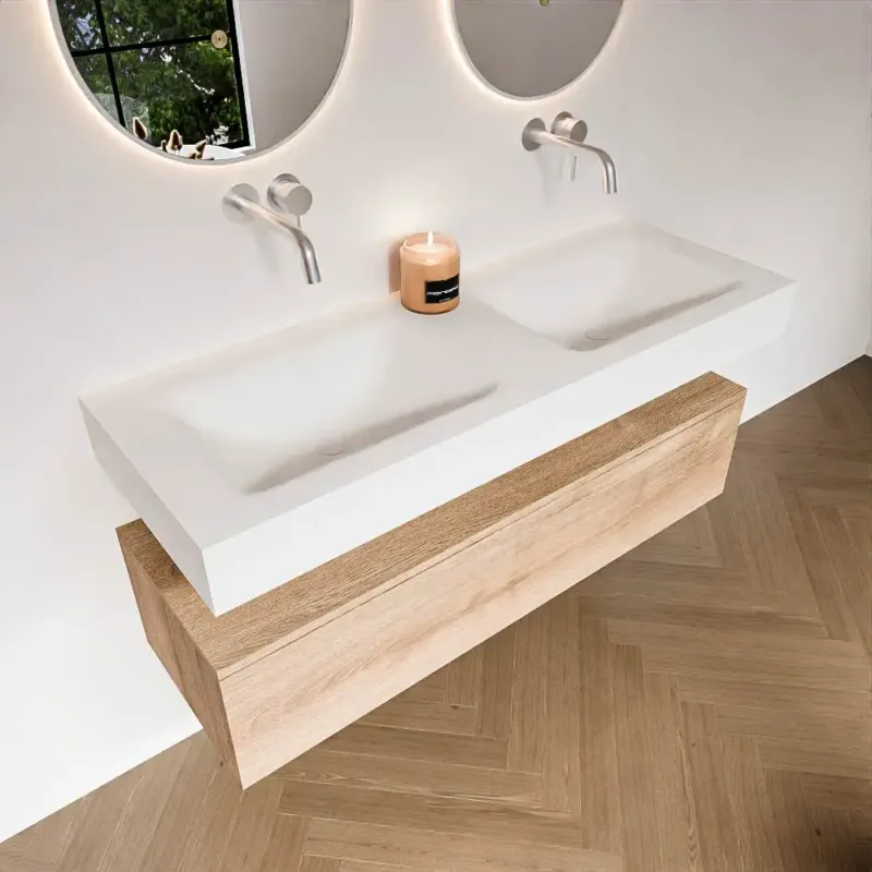Zaro Alan badmeubel 130cm washed oak 1 lade met vrijhangende wastafel cloud dubbel zonder kraangat talc Exclusieve Aanbieding