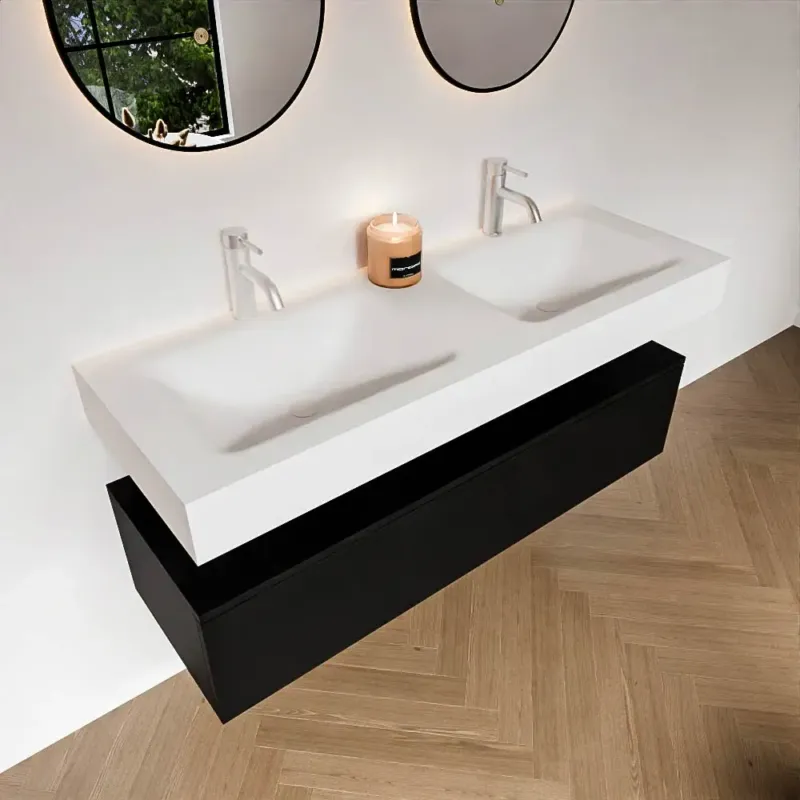 Bestel Nu Zaro Alan badmeubel 130cm urban 1 lade met vrijhangende wastafel cloud dubbel 2 kraangaten talc