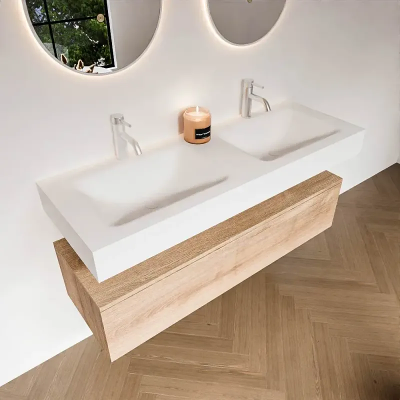 Zaro Alan badmeubel 130cm washed oak 1 lade met vrijhangende wastafel cloud dubbel 2 kraangaten talc Alleen Vandaag