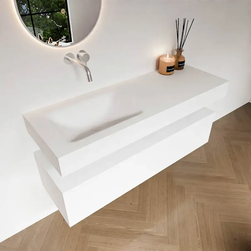 Zaro Alan badmeubel 130cm talc 1 lade met vrijhangende wastafel cloud links zonder kraangat talc Rechtstreeks Van De Fabrikant