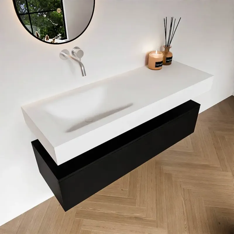 Zaro Alan badmeubel 130cm urban 1 lade met vrijhangende wastafel cloud links zonder kraangat talc Meest Verkocht