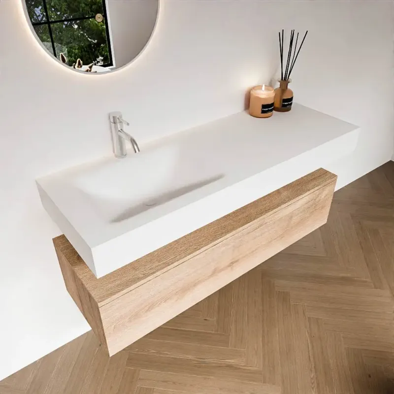 Express Levering Zaro Alan badmeubel 130cm washed oak 1 lade met vrijhangende wastafel cloud links 1 kraangat talc