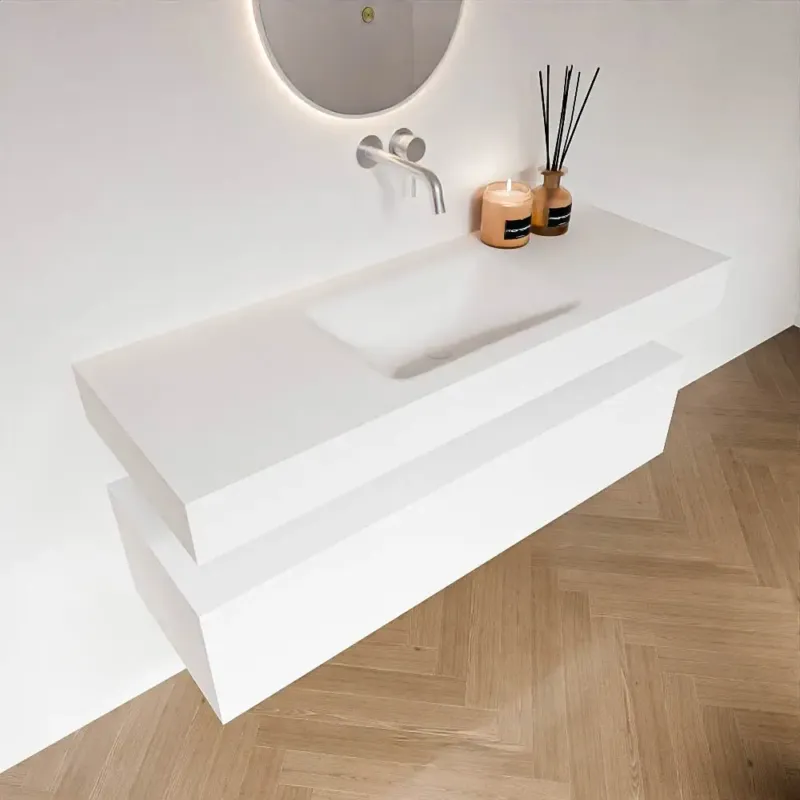 Zaro Alan badmeubel 130cm talc 1 lade met vrijhangende wastafel cloud midden zonder kraangat talc Koopje