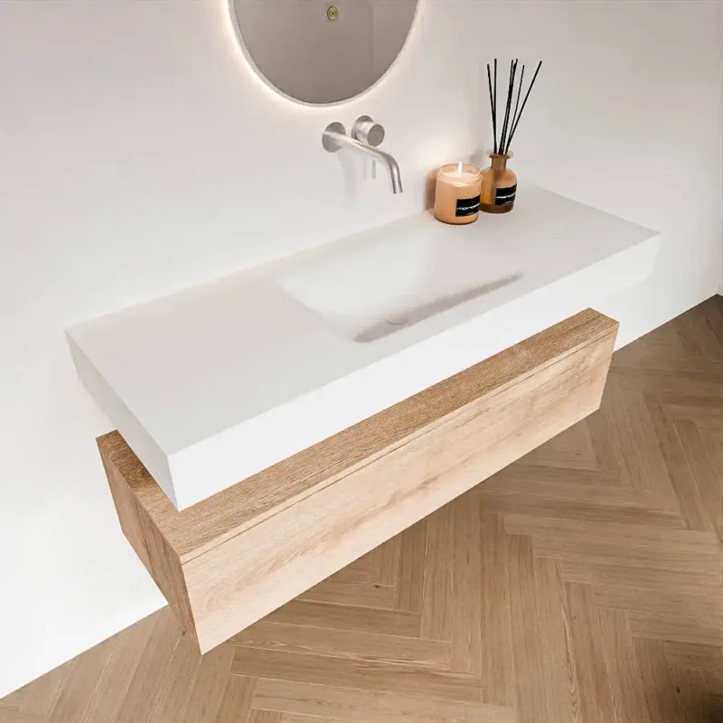 Op = Op Zaro Alan badmeubel 130cm washed oak 1 lade met vrijhangende wastafel cloud midden zonder kraangat talc