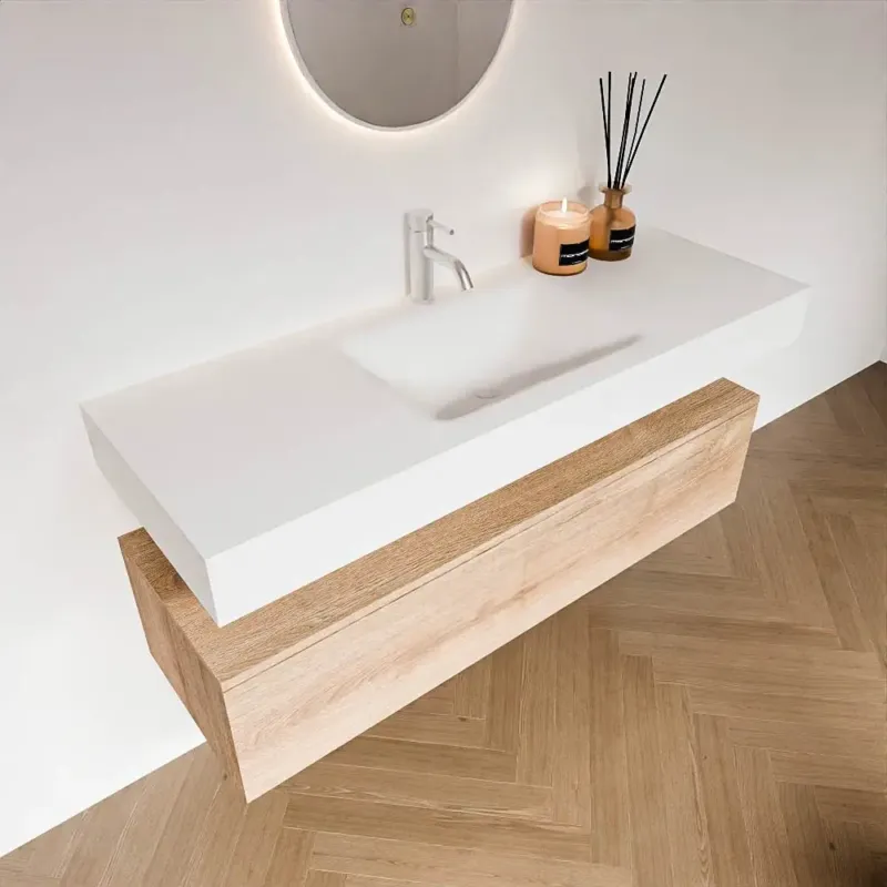 Zaro Alan badmeubel 130cm washed oak 1 lade met vrijhangende wastafel cloud midden 1 kraangat talc Weekendaanbieding
