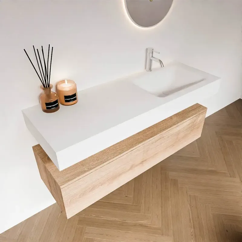 Zaro Alan badmeubel 130cm washed oak 1 lade met vrijhangende wastafel cloud rechts 1 kraangat talc Beste Prijs