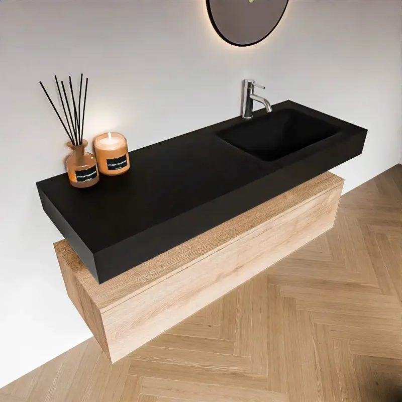 Zaro Alan badmeubel 130cm washed oak 1 lade met vrijhangende wastafel cloud rechts 1 kraangat urban Beperkt Aanbod