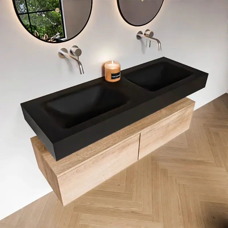 Bestseller Zaro Alan badmeubel 130cm washed oak 2 lades met vrijhangende wastafel cloud dubbel zonder kraangat urban