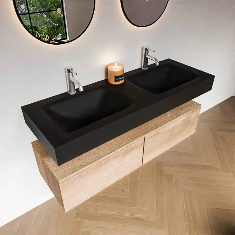 Zaro Alan badmeubel 130cm washed oak 2 lades met vrijhangende wastafel cloud dubbel 2 kraangaten urban Hoge Kwaliteit