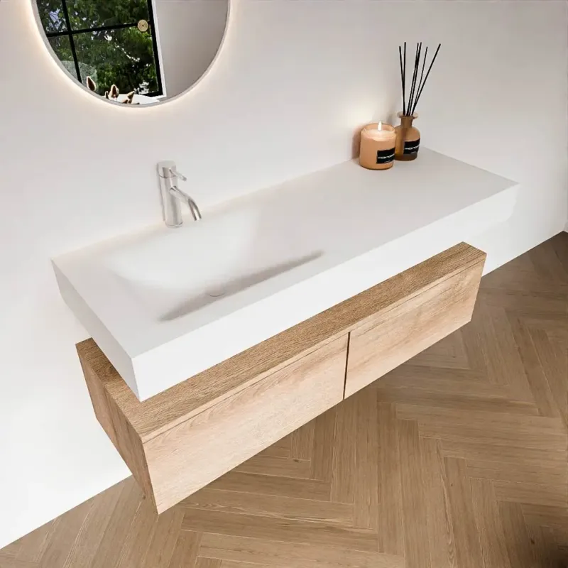 Zaro Alan badmeubel 130cm washed oak 2 lades met vrijhangende wastafel cloud links 1 kraangat talc Koop Online