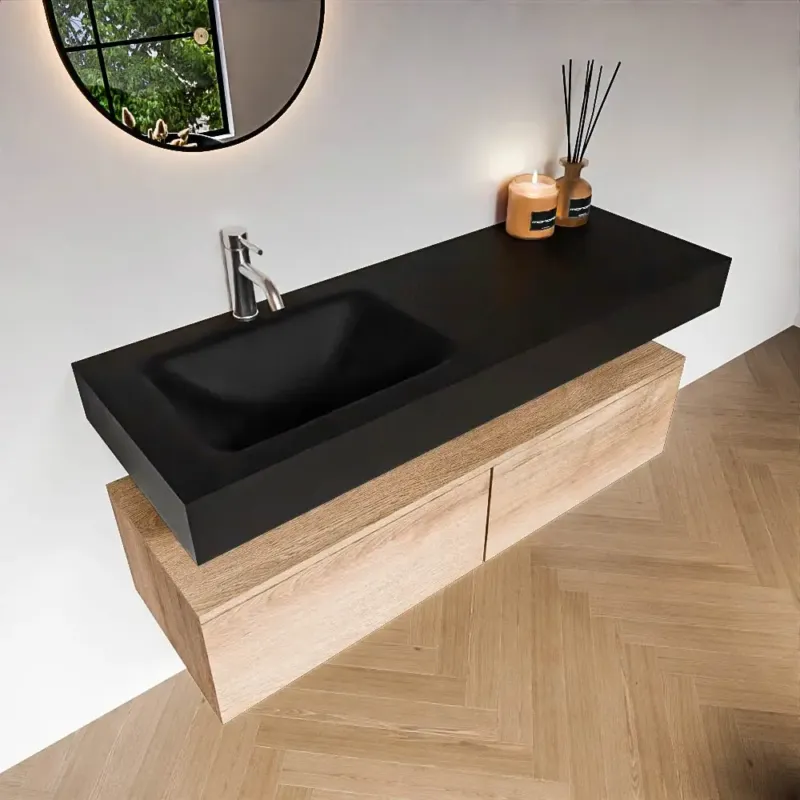Zaro Alan badmeubel 130cm washed oak 2 lades met vrijhangende wastafel cloud links 1 kraangat urban Gecertificeerd
