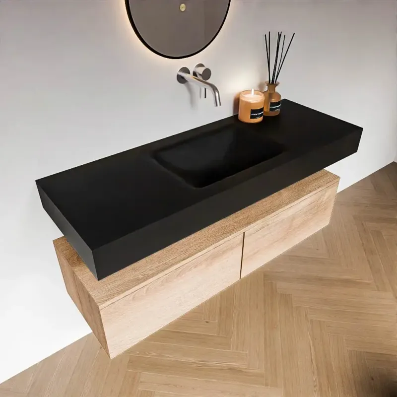Betaalbaar Zaro Alan badmeubel 130cm washed oak 2 lades met vrijhangende wastafel cloud midden zonder kraangat urban