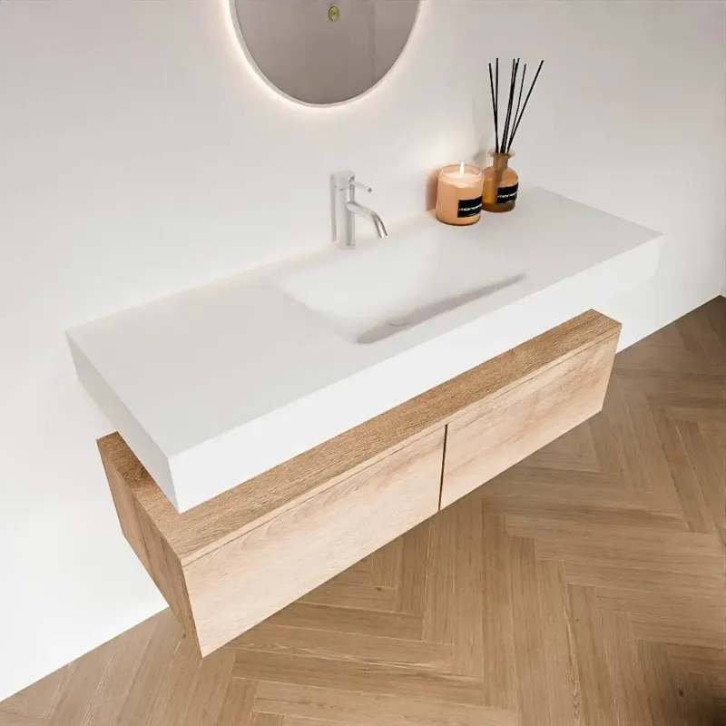 Zaro Alan badmeubel 130cm washed oak 2 lades met vrijhangende wastafel cloud midden 1 kraangat talc Voordeelprijs