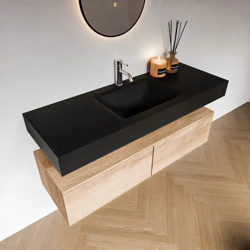 Zaro Alan badmeubel 130cm washed oak 2 lades met vrijhangende wastafel cloud midden 1 kraangat urban Weekendaanbieding