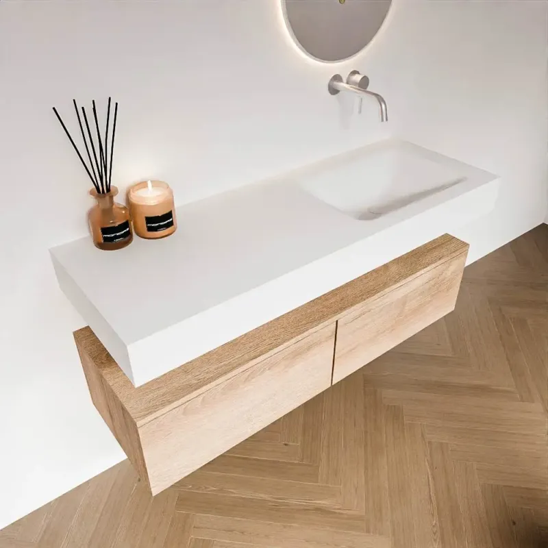Beste Prijs Zaro Alan badmeubel 130cm washed oak 2 lades met vrijhangende wastafel cloud rechts zonder kraangat talc