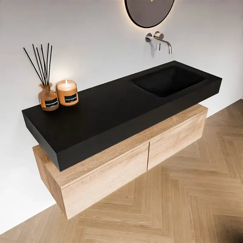 Aanbieding Zaro Alan badmeubel 130cm washed oak 2 lades met vrijhangende wastafel cloud rechts zonder kraangat urban