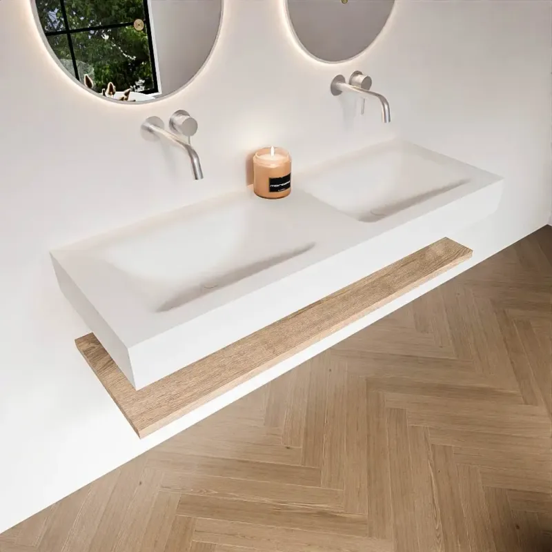 Zaro Alan badmeubel 130cm met planchet washed oak en vrijhangende wastafel cloud dubbel zonder kraangat talc Alleen Vandaag
