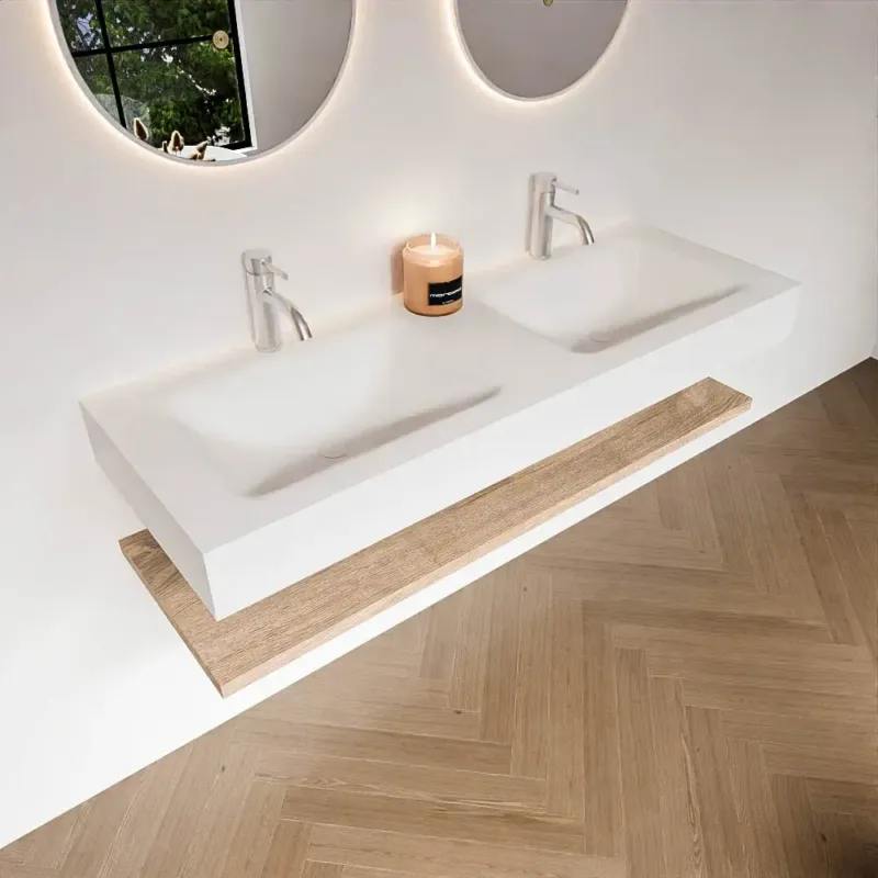 Zaro Alan badmeubel 130cm met planchet washed oak en vrijhangende wastafel cloud dubbel 2 kraangaten talc Veilige Betaling