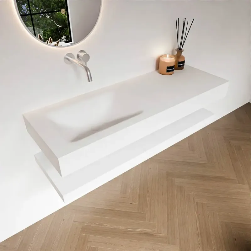 Zaro Alan badmeubel 130cm met planchet talc en vrijhangende wastafel cloud links zonder kraangat talc Snelle Levering