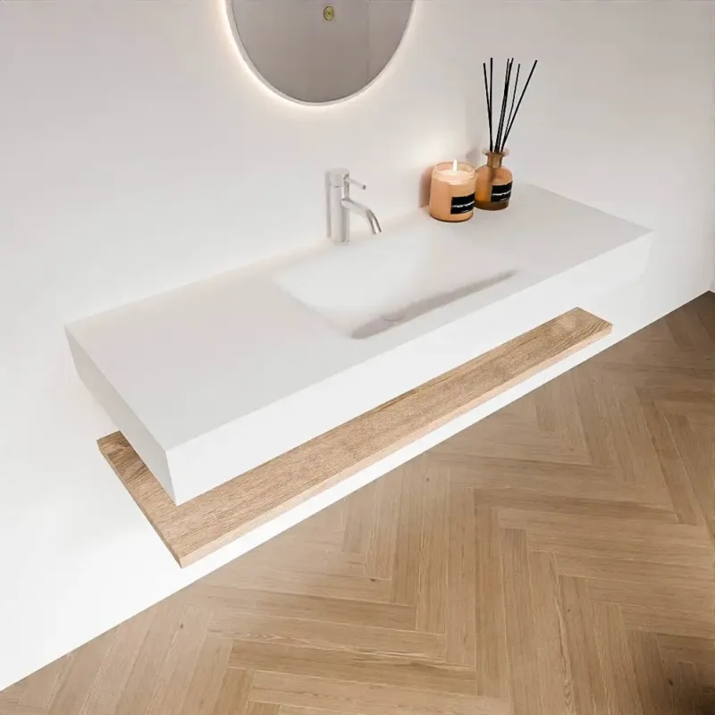 Zaro Alan badmeubel 130cm met planchet washed oak en vrijhangende wastafel cloud midden 1 kraangat talc Korting