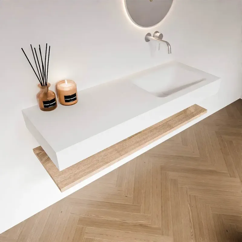 Zaro Alan badmeubel 130cm met planchet washed oak en vrijhangende wastafel cloud rechts zonder kraangat talc Alleen Vandaag