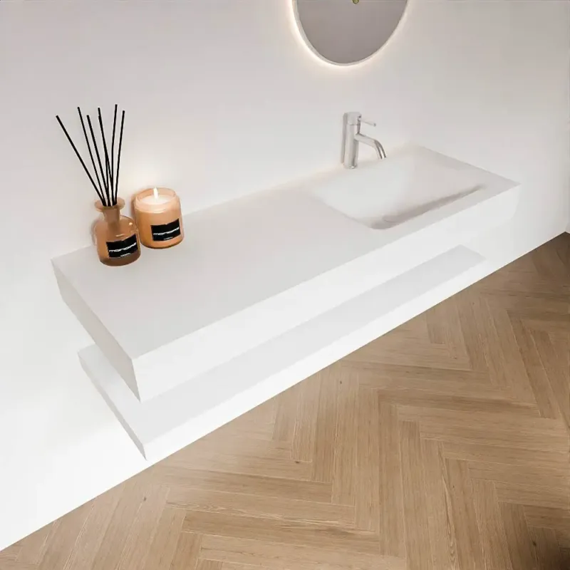Zaro Alan badmeubel 130cm met planchet talc en vrijhangende wastafel cloud rechts 1 kraangat talc Bestseller