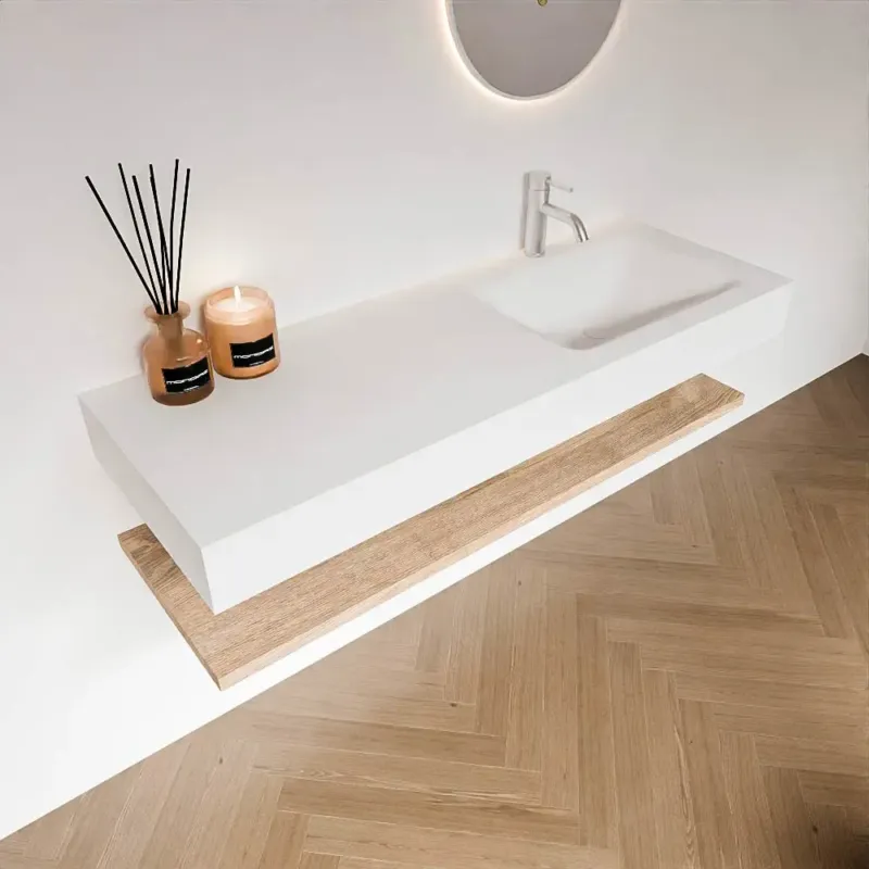 Zaro Alan badmeubel 130cm met planchet washed oak en vrijhangende wastafel cloud rechts 1 kraangat talc Meest Verkocht