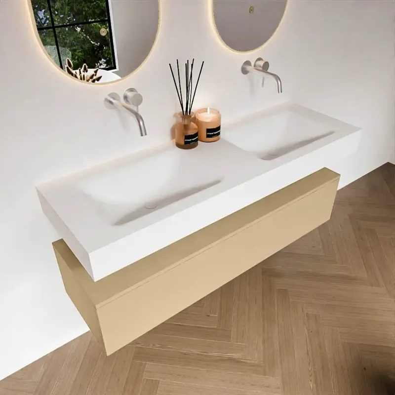 Zaro Alan badmeubel 140cm sand 1 lade met vrijhangende wastafel cloud dubbel zonder kraangat talc Lage Kosten