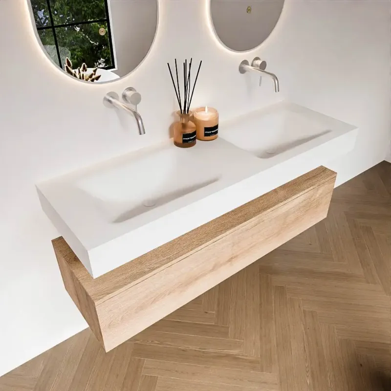 Zaro Alan badmeubel 140cm washed oak 1 lade met vrijhangende wastafel cloud dubbel zonder kraangat talc Shop Nu