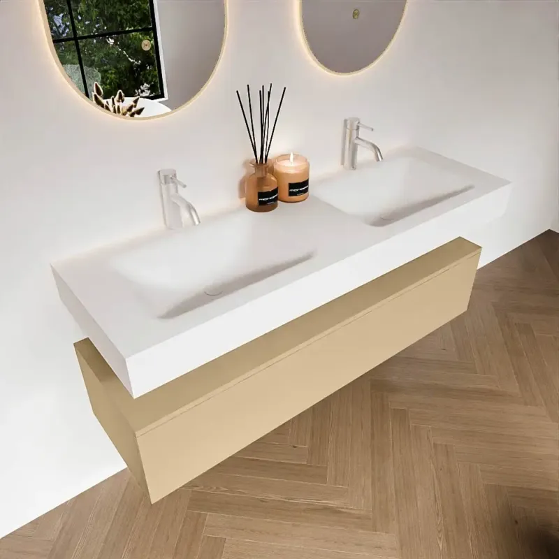 Zaro Alan badmeubel 140cm sand 1 lade met vrijhangende wastafel cloud dubbel 2 kraangaten talc Superprijs