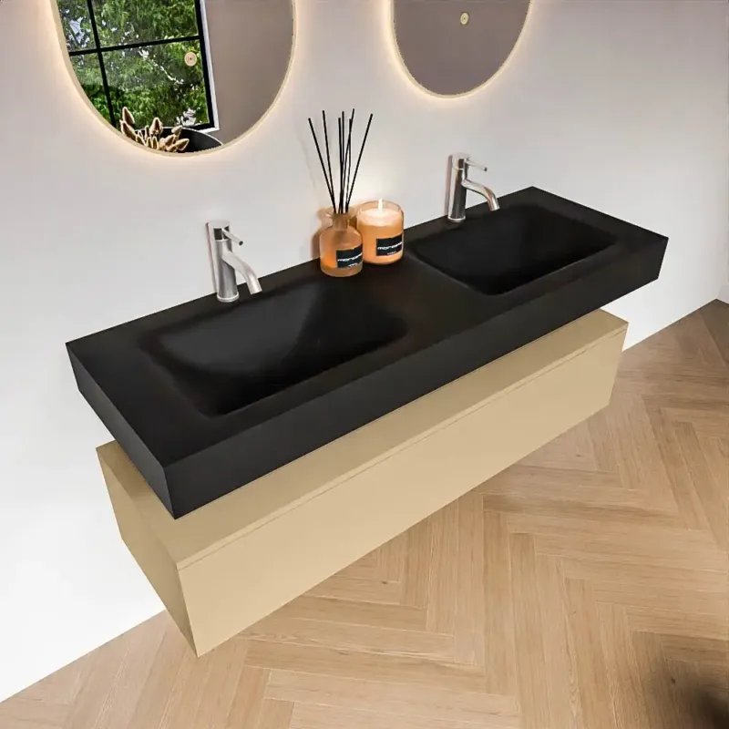 Zaro Alan badmeubel 140cm sand 1 lade met vrijhangende wastafel cloud dubbel 2 kraangaten urban Nieuw