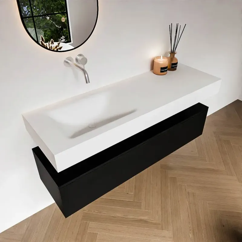 Zaro Alan badmeubel 140cm urban 1 lade met vrijhangende wastafel cloud links zonder kraangat talc Snelle Levering