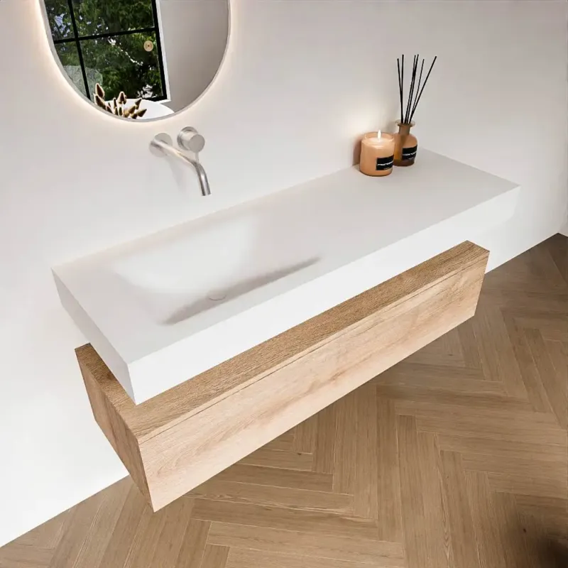 Zaro Alan badmeubel 140cm washed oak 1 lade met vrijhangende wastafel cloud links zonder kraangat talc Betaalbaar
