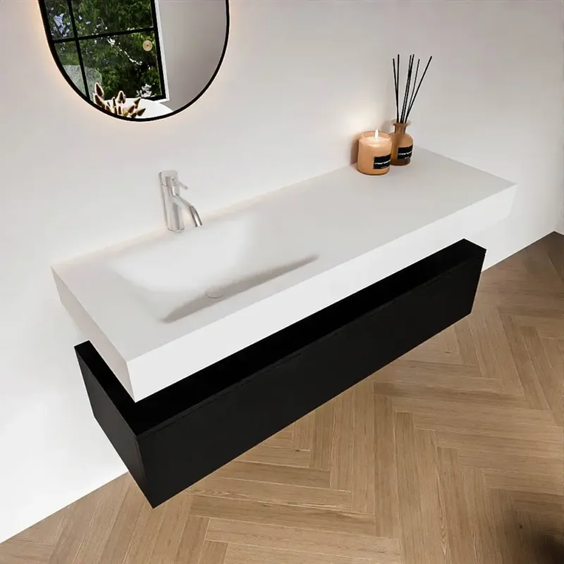 Direct Beschikbaar Zaro Alan badmeubel 140cm urban 1 lade met vrijhangende wastafel cloud links 1 kraangat talc