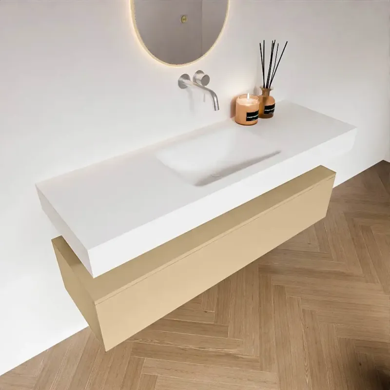 Zaro Alan badmeubel 140cm sand 1 lade met vrijhangende wastafel cloud midden zonder kraangat talc Op = Op