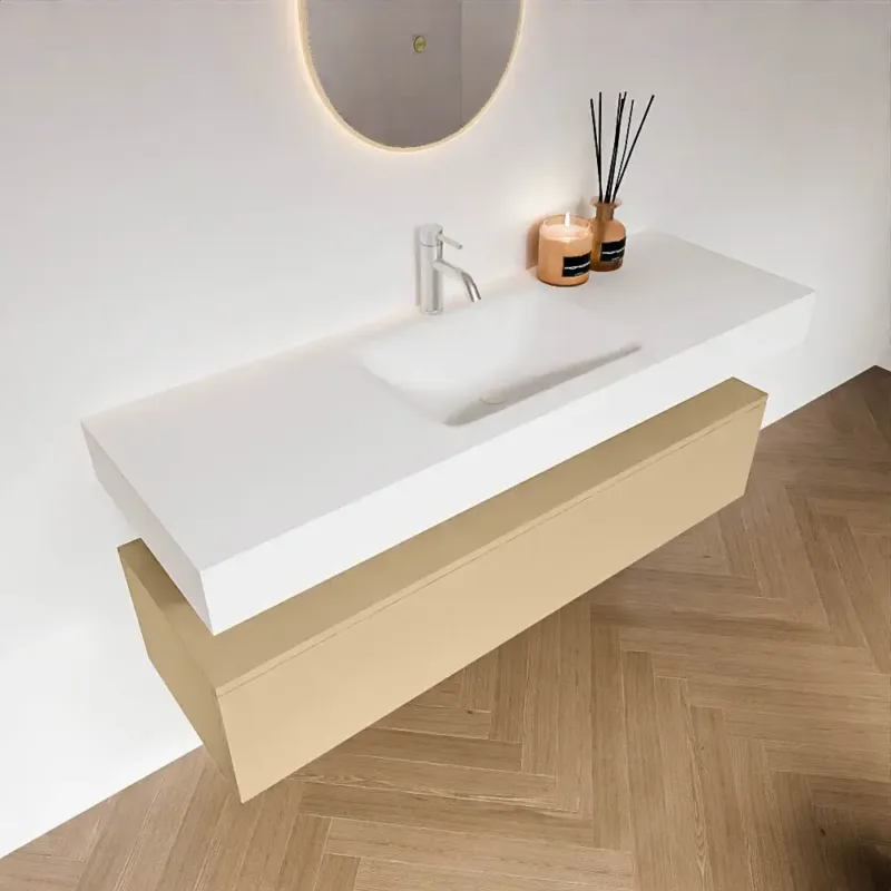 Zaro Alan badmeubel 140cm sand 1 lade met vrijhangende wastafel cloud midden 1 kraangat talc Betrouwbaar