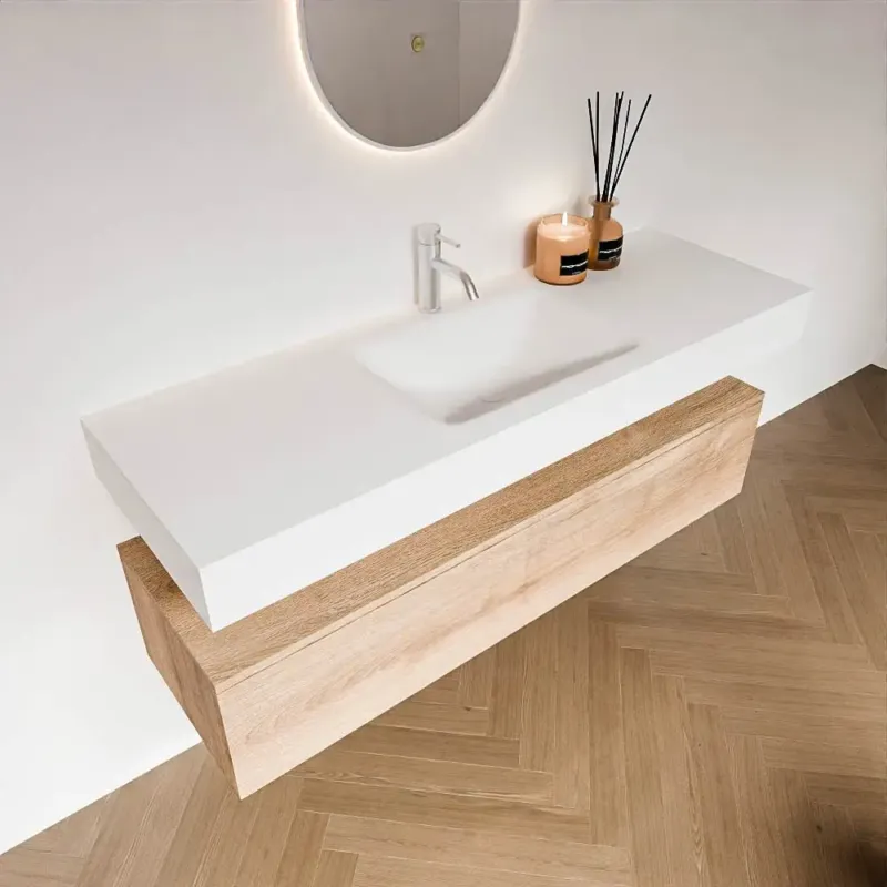 Zaro Alan badmeubel 140cm washed oak 1 lade met vrijhangende wastafel cloud midden 1 kraangat talc Gereduceerde Prijs