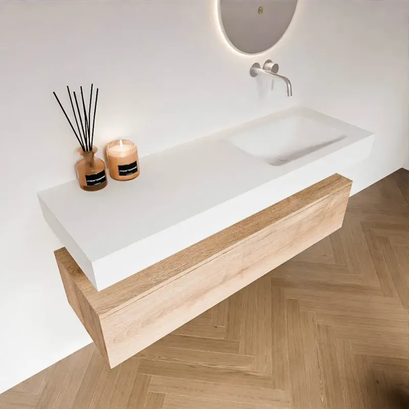 Zaro Alan badmeubel 140cm washed oak 1 lade met vrijhangende wastafel cloud rechts zonder kraangat talc Meest Verkocht